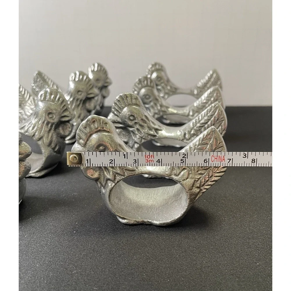 Vintage 1970s Set of 8 Pewter Chicken Rooster Napkin Rings French Country Rustic